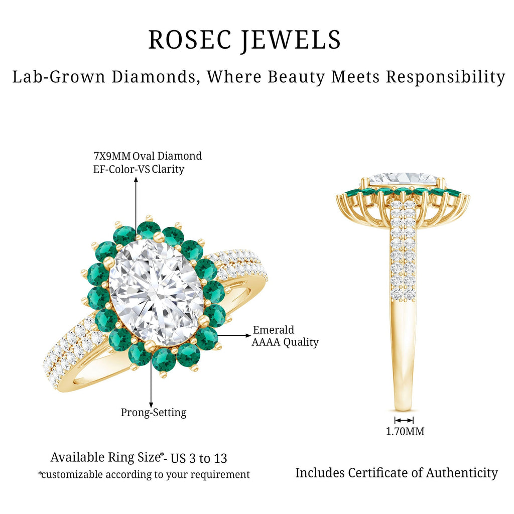 Lab Grown Diamond Ring – 2 Carat Oval Engagement Ring with Emerald Halo