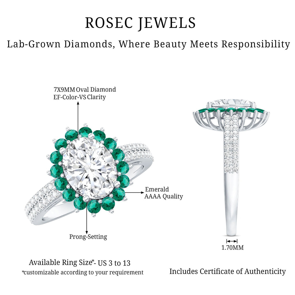Lab Grown Diamond Ring – 2 Carat Oval Engagement Ring with Emerald Halo