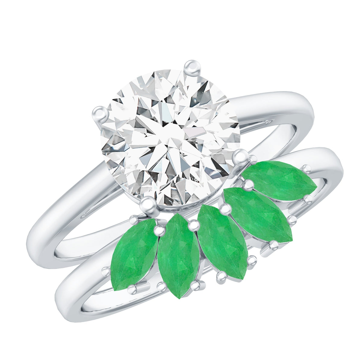 Lab Grown Diamond Ring – 2 Carat Solitaire Engagement Ring with Emerald Wedding Band