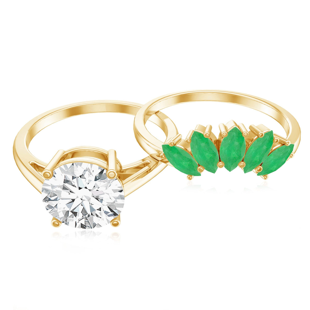Lab Grown Diamond Ring – 2 Carat Solitaire Engagement Ring with Emerald Wedding Band