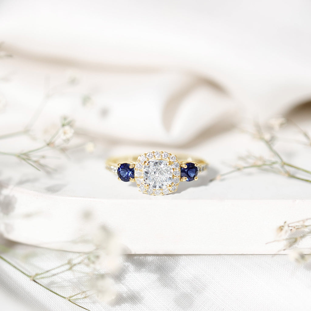Lab Grown Diamond Ring Cushion Cut Halo Blue Sapphire Ring Design