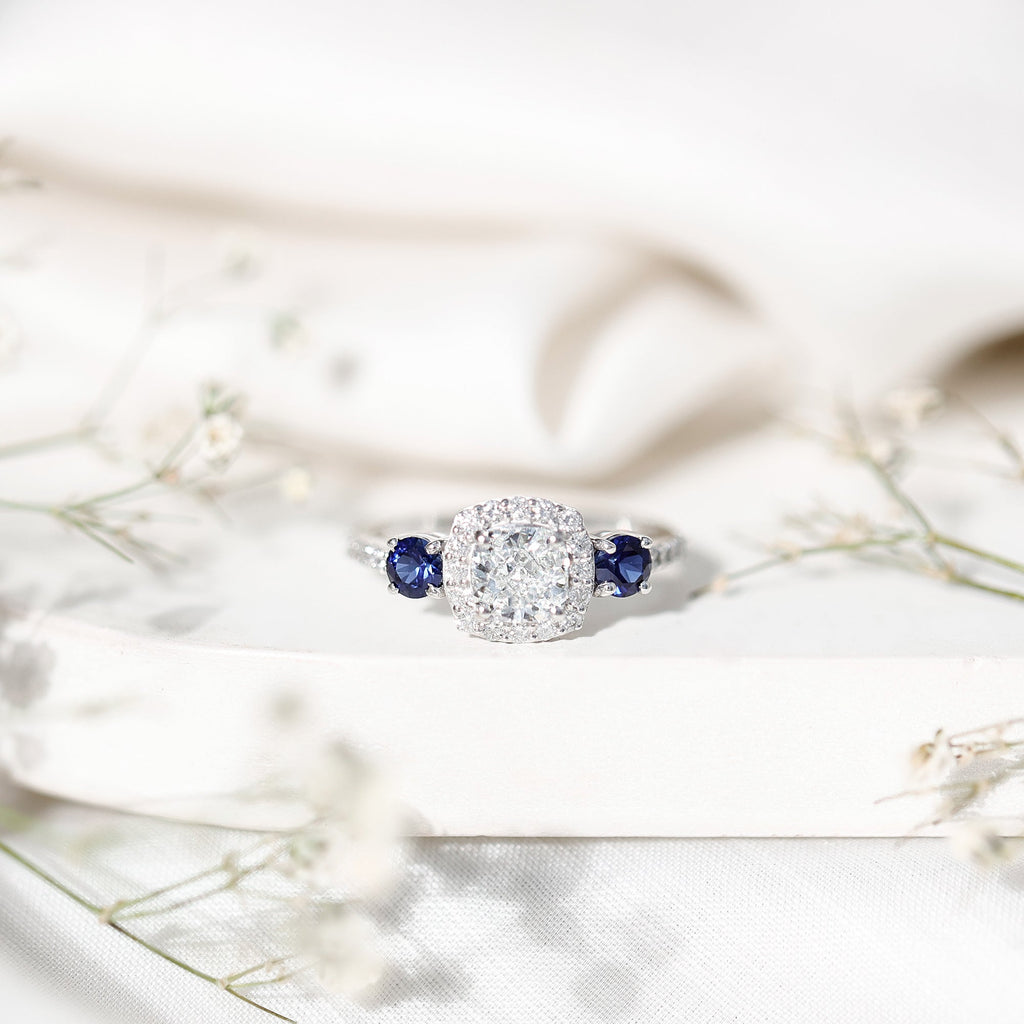 Lab Grown Diamond Ring Cushion Cut Halo Blue Sapphire Ring Design