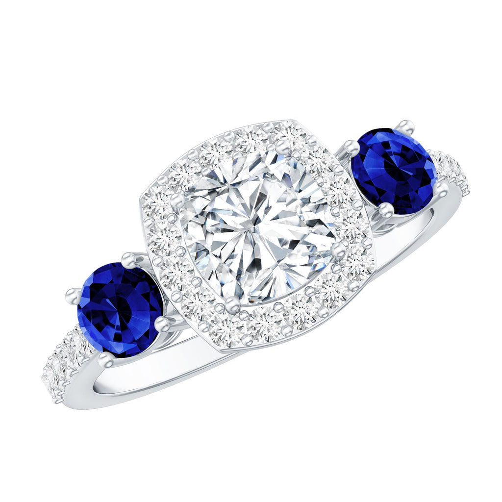 Lab Grown Diamond Ring Cushion Cut Halo Blue Sapphire Ring Design