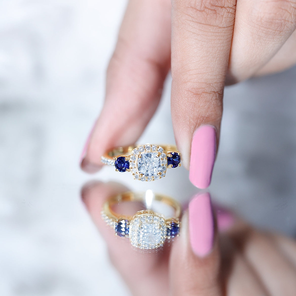 Lab Grown Diamond Ring Cushion Cut Halo Blue Sapphire Ring Design