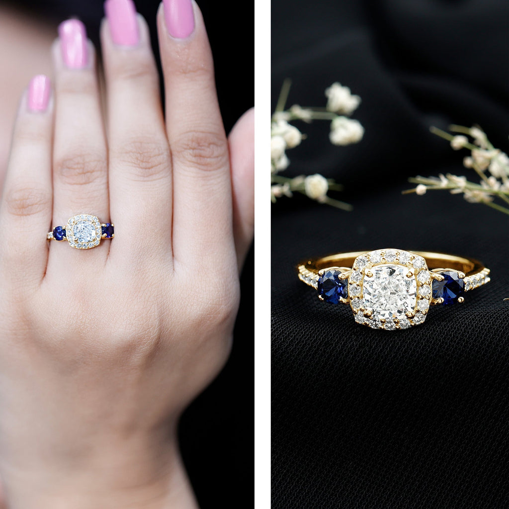 Lab Grown Diamond Ring Cushion Cut Halo Blue Sapphire Ring Design