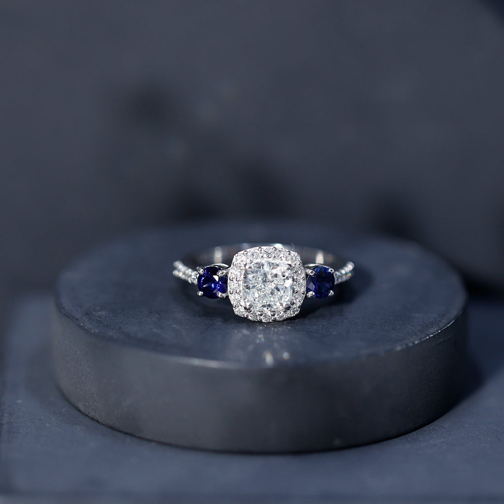 Lab Grown Diamond Ring Cushion Cut Halo Blue Sapphire Ring Design