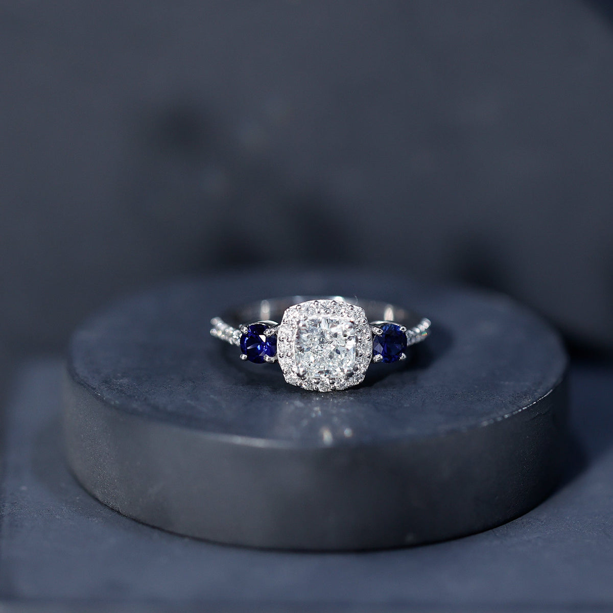 Lab Grown Diamond Ring Cushion Cut Halo Blue Sapphire Ring Design