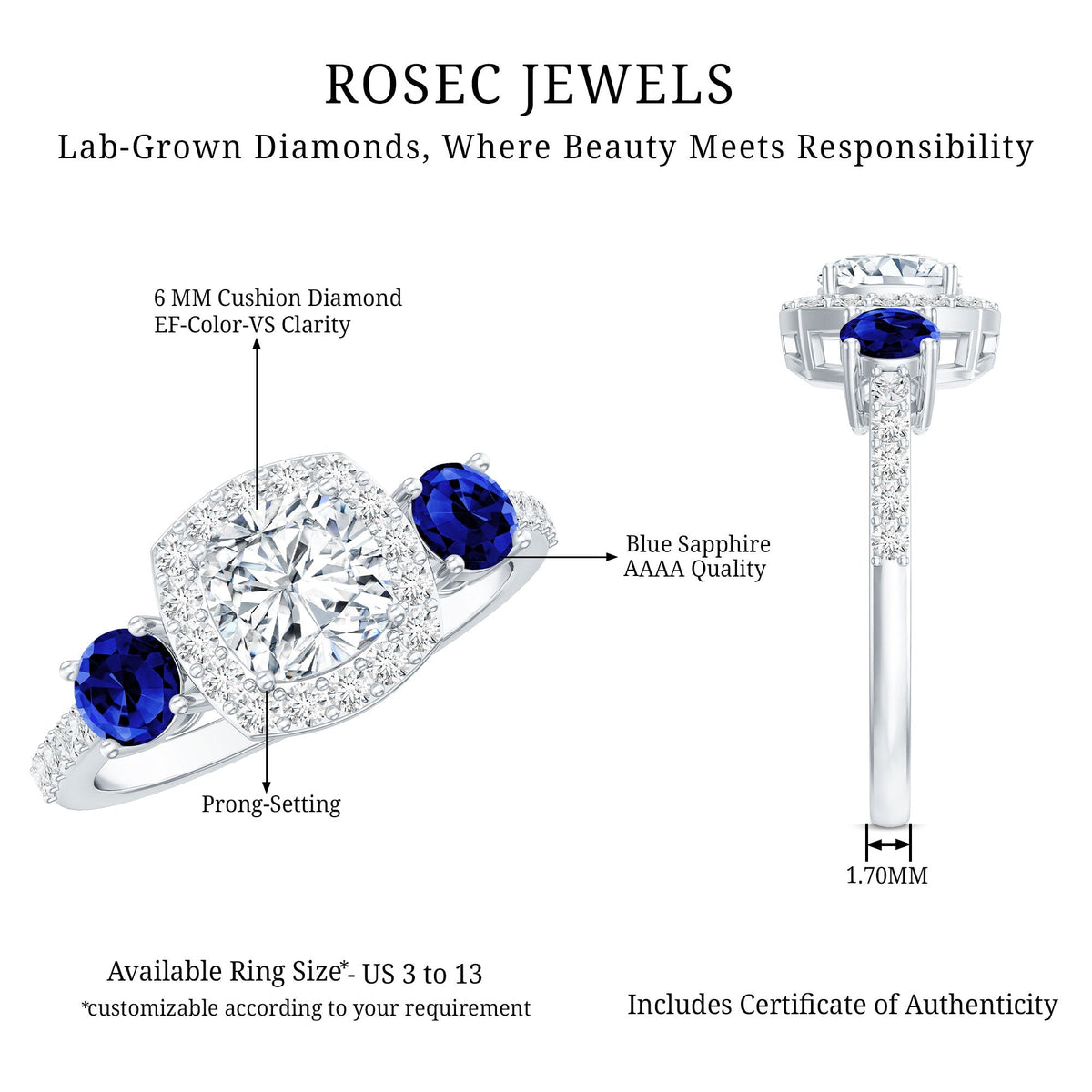 Lab Grown Diamond Ring Cushion Cut Halo Blue Sapphire Ring Design