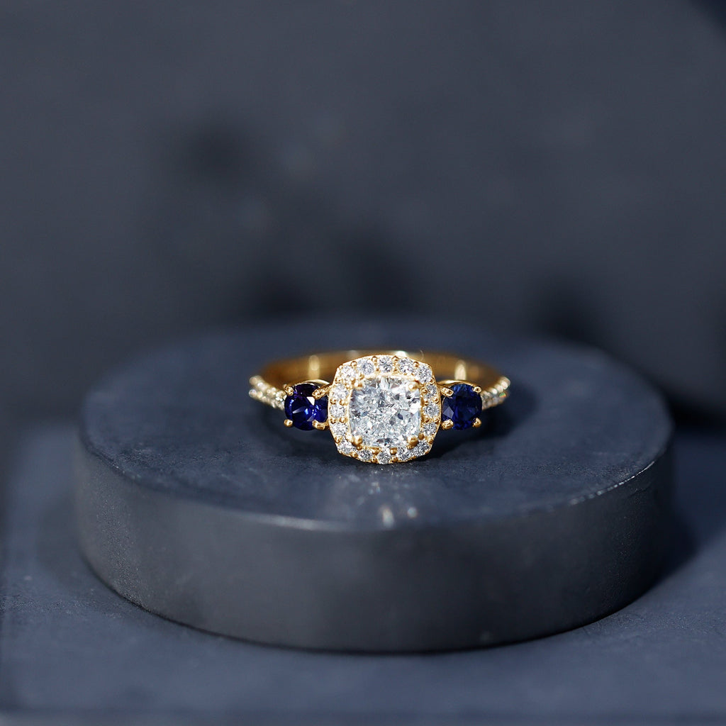 Lab Grown Diamond Ring Cushion Cut Halo Blue Sapphire Ring Design