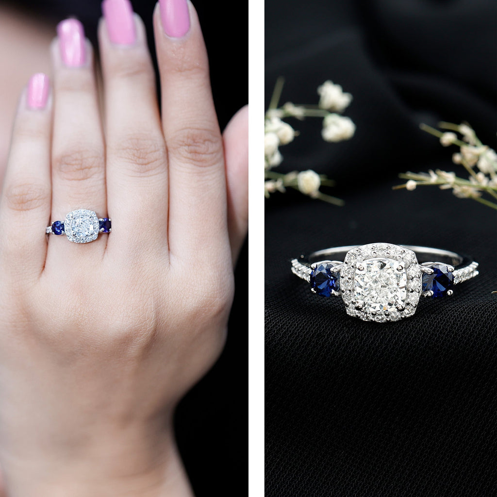 Lab Grown Diamond Ring Cushion Cut Halo Blue Sapphire Ring Design