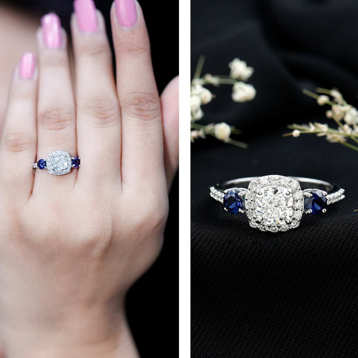 Lab Grown Diamond Ring Cushion Cut Halo Blue Sapphire Ring Design