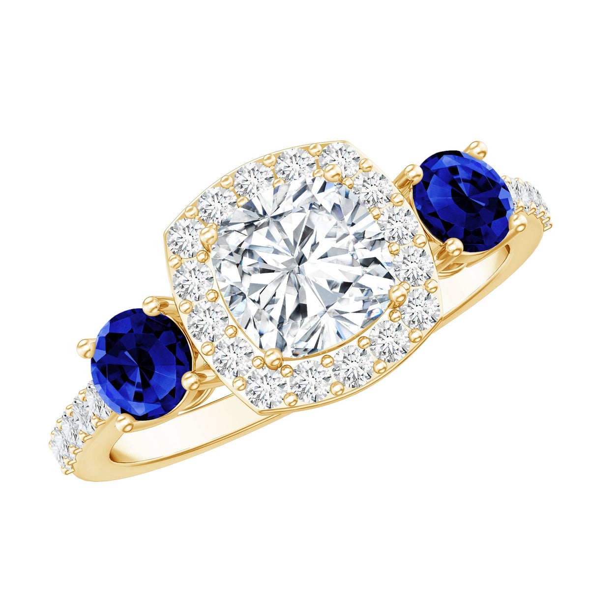 Lab Grown Diamond Ring Cushion Cut Halo Blue Sapphire Ring Design