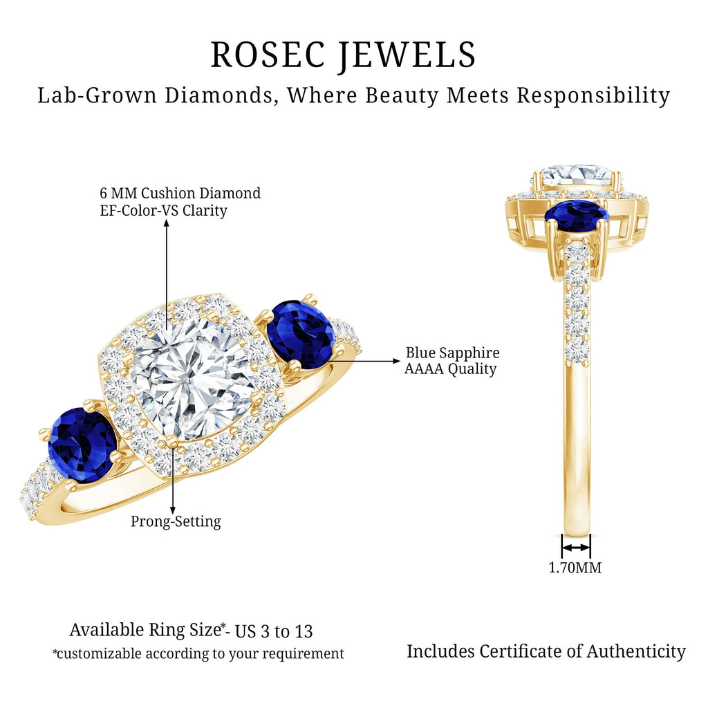 Lab Grown Diamond Ring Cushion Cut Halo Blue Sapphire Ring Design