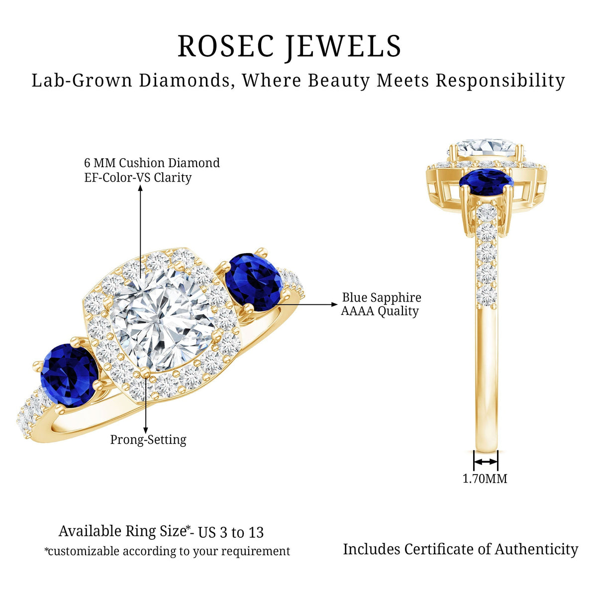 Lab Grown Diamond Ring Cushion Cut Halo Blue Sapphire Ring Design