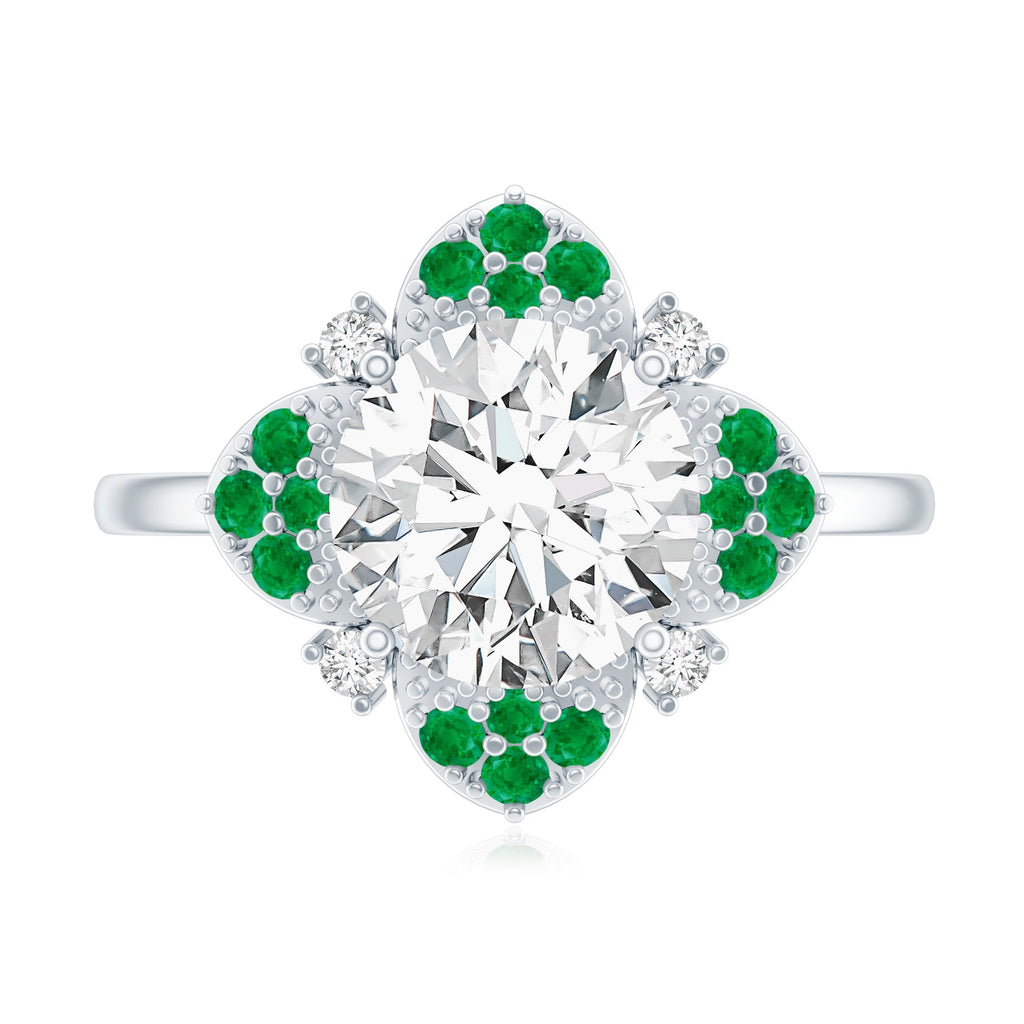 Lab Grown Diamond Ring – Floral Engagement Ring With Emerald Gemstones & Prong Setting