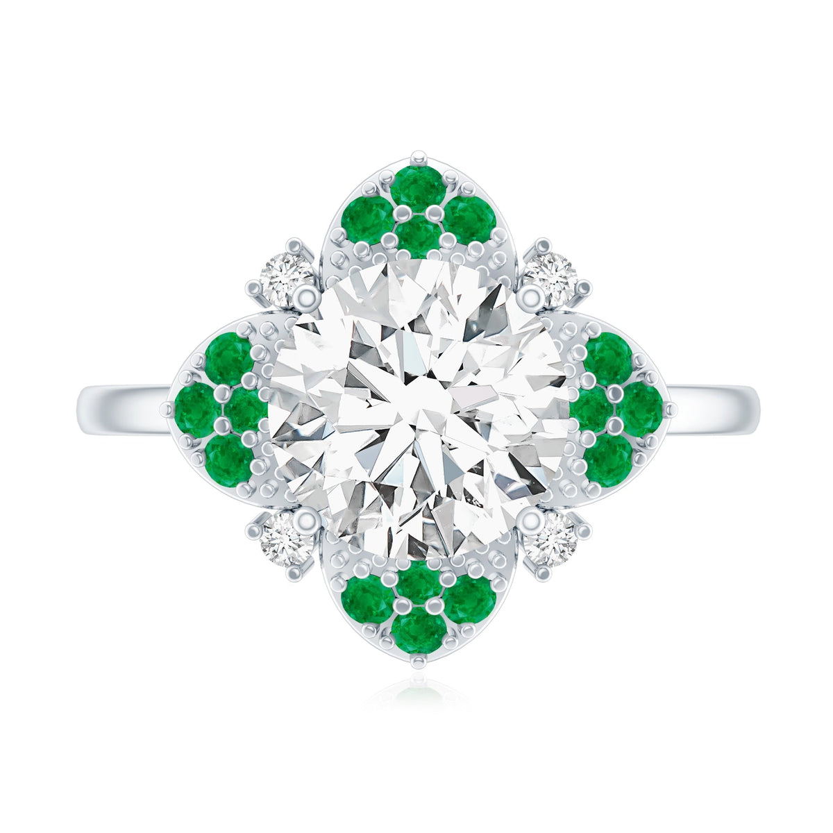 Lab Grown Diamond Ring – Floral Engagement Ring With Emerald Gemstones & Prong Setting