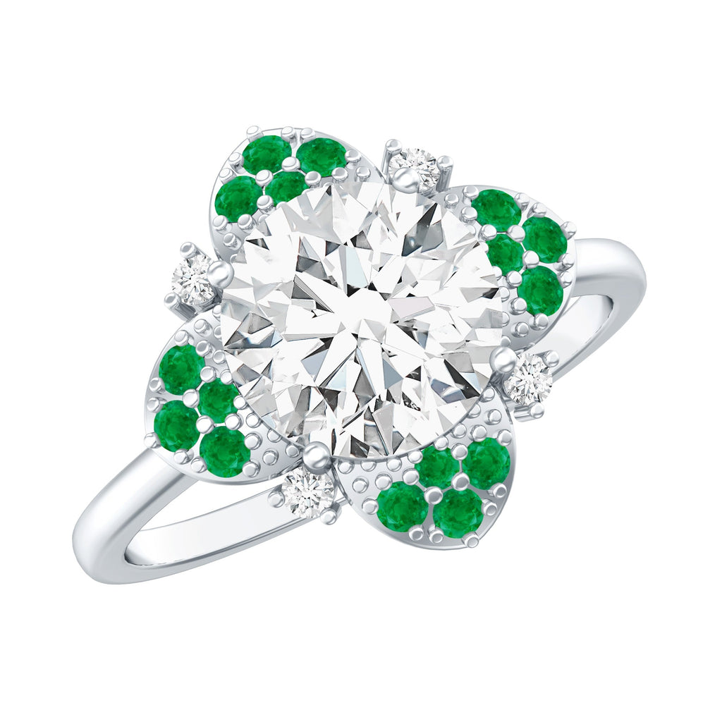 Lab Grown Diamond Ring – Floral Engagement Ring With Emerald Gemstones & Prong Setting