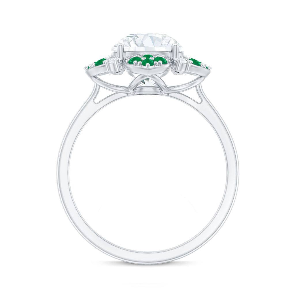 Lab Grown Diamond Ring – Floral Engagement Ring With Emerald Gemstones & Prong Setting