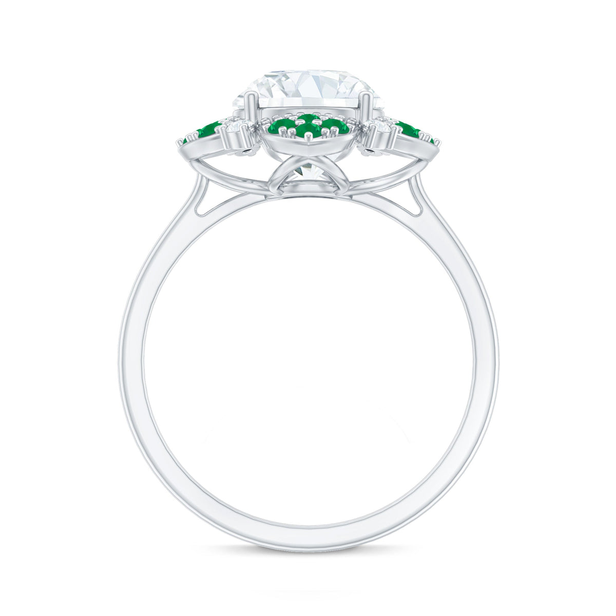 Lab Grown Diamond Ring – Floral Engagement Ring With Emerald Gemstones & Prong Setting