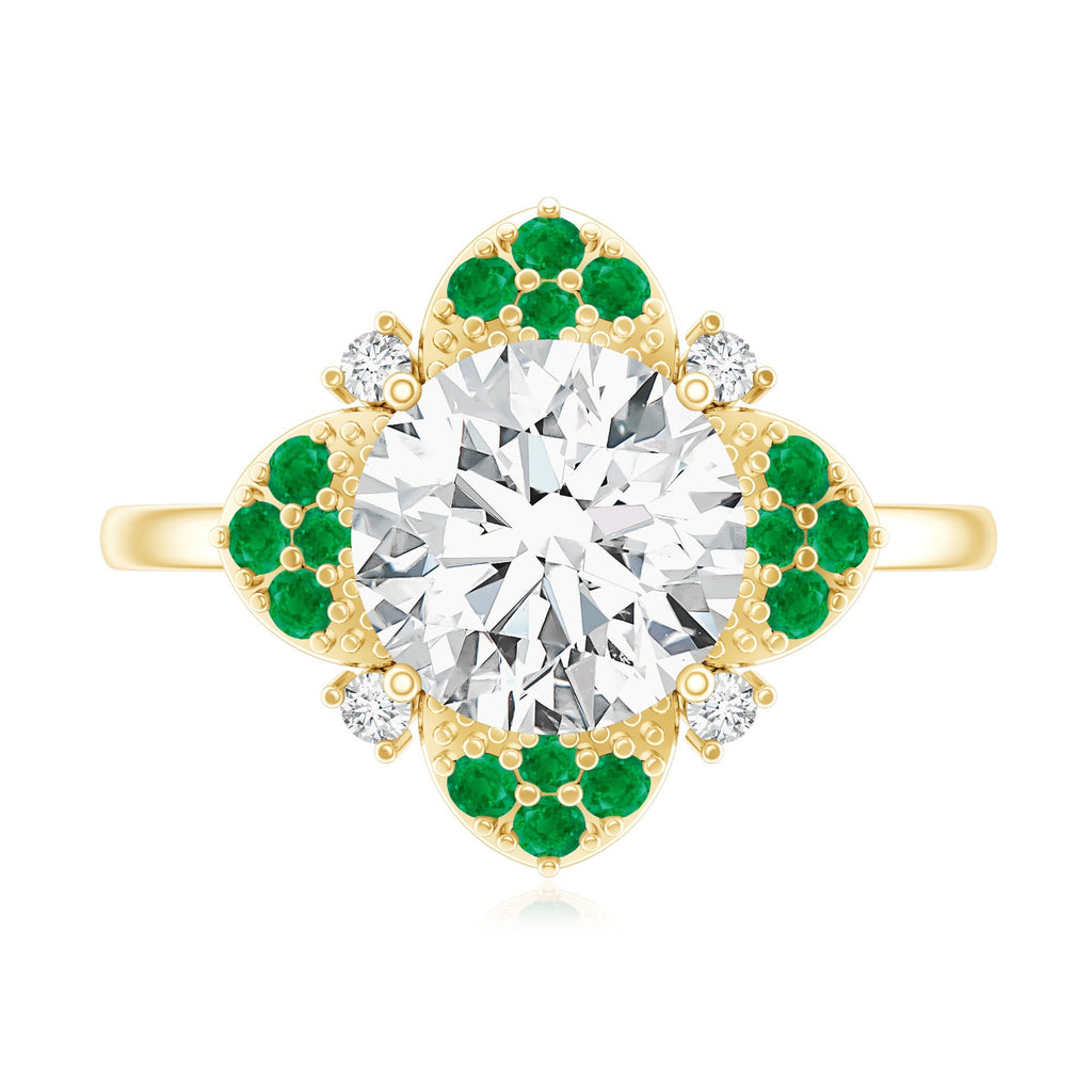 Lab Grown Diamond Ring – Floral Engagement Ring With Emerald Gemstones & Prong Setting