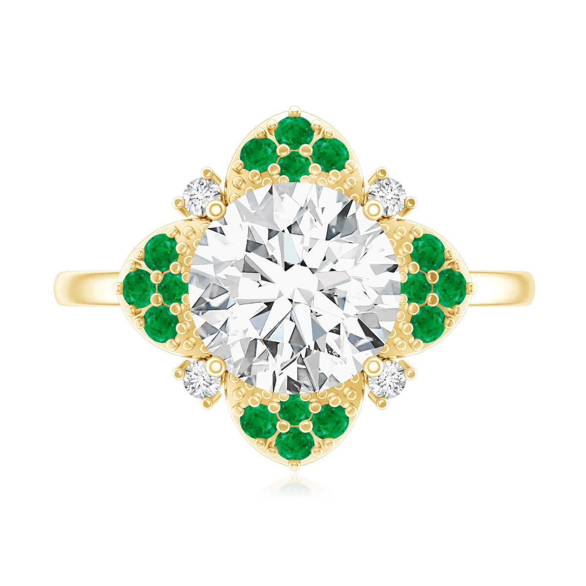 Lab Grown Diamond Ring – Floral Engagement Ring With Emerald Gemstones & Prong Setting