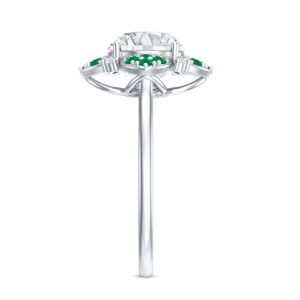 Lab Grown Diamond Ring – Floral Engagement Ring With Emerald Gemstones & Prong Setting