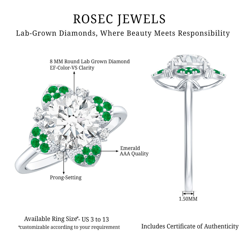 Lab Grown Diamond Ring – Floral Engagement Ring With Emerald Gemstones & Prong Setting