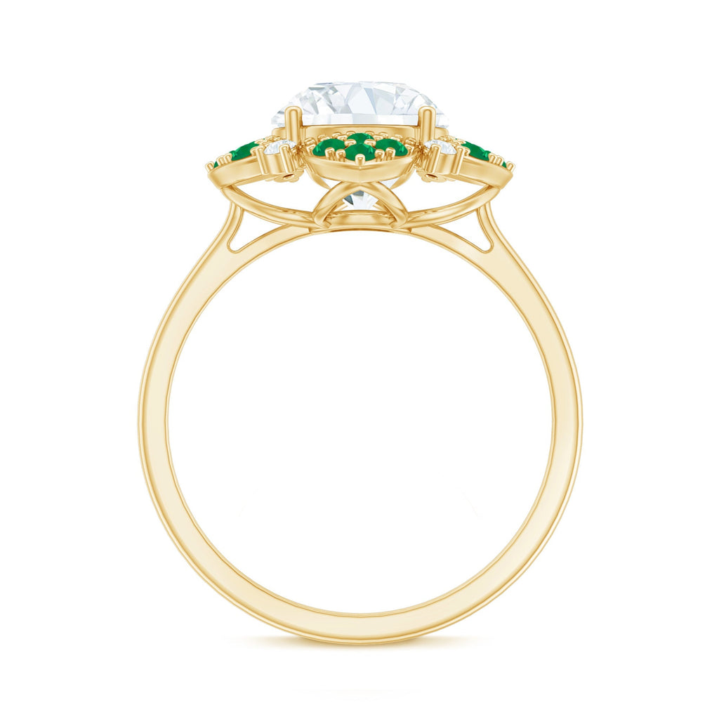 Lab Grown Diamond Ring – Floral Engagement Ring With Emerald Gemstones & Prong Setting