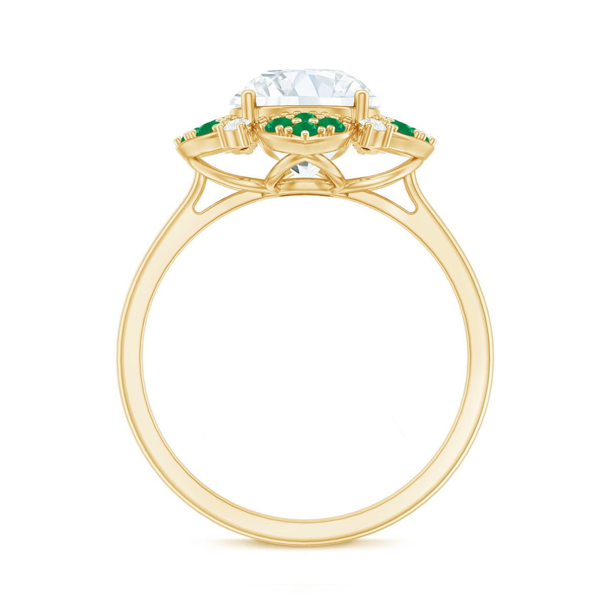 Lab Grown Diamond Ring – Floral Engagement Ring With Emerald Gemstones & Prong Setting