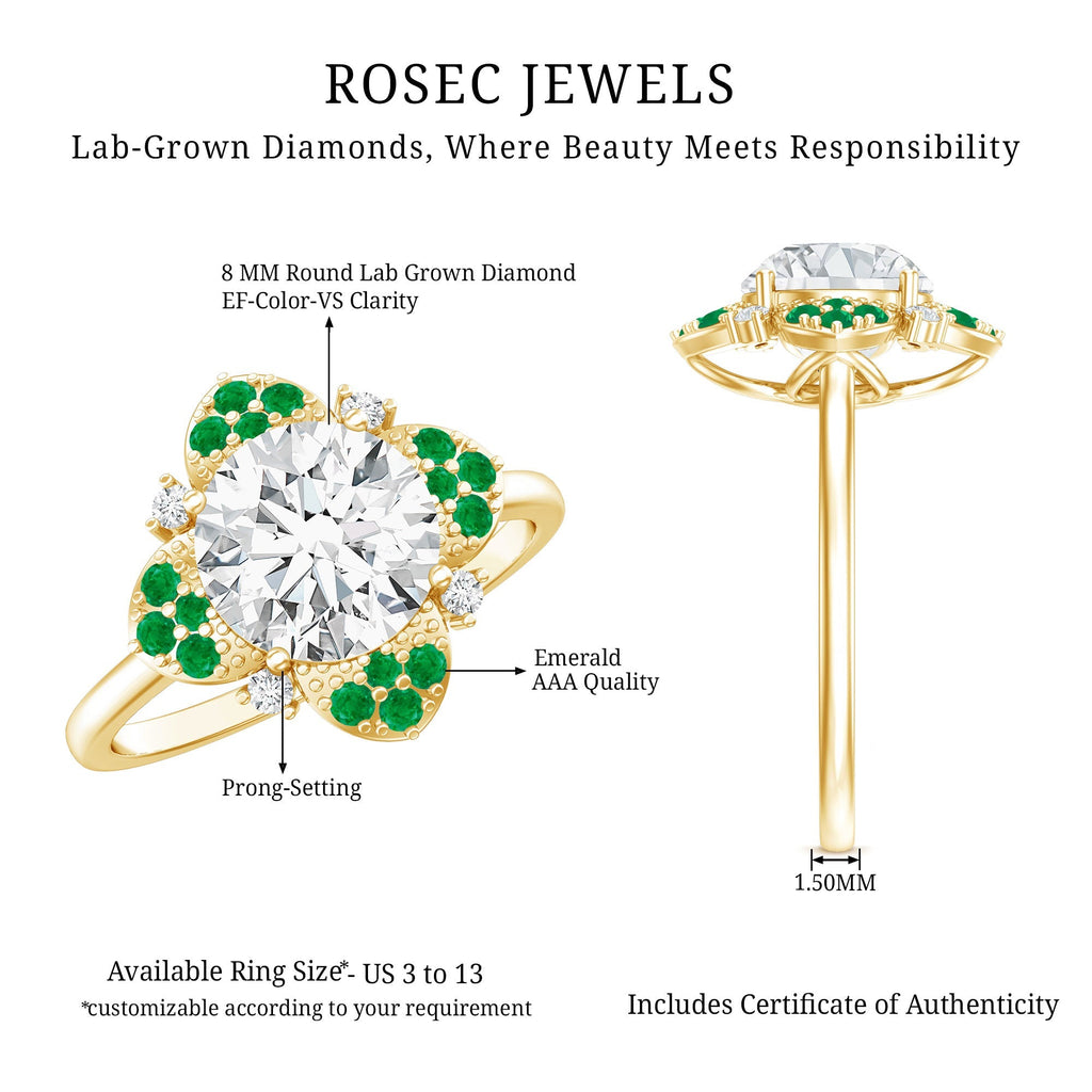 Lab Grown Diamond Ring – Floral Engagement Ring With Emerald Gemstones & Prong Setting