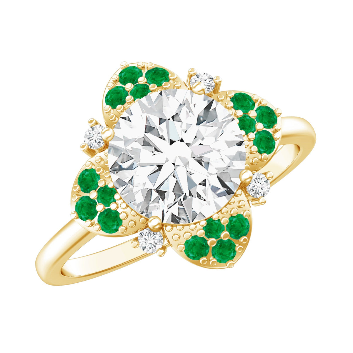 Lab Grown Diamond Ring – Floral Engagement Ring With Emerald Gemstones & Prong Setting