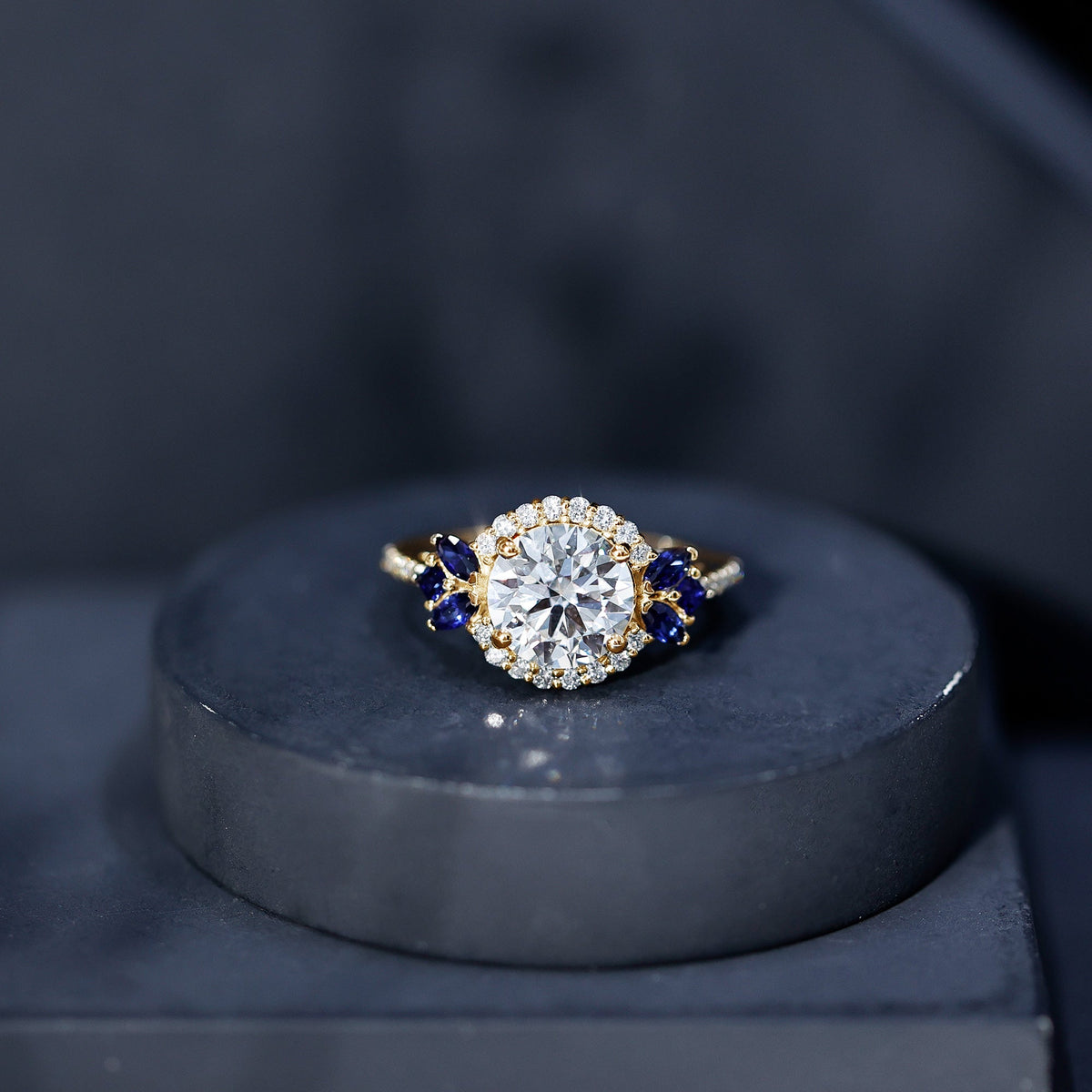 Lab Grown Diamond Ring Round Halo Blue Sapphire Engagement Ring