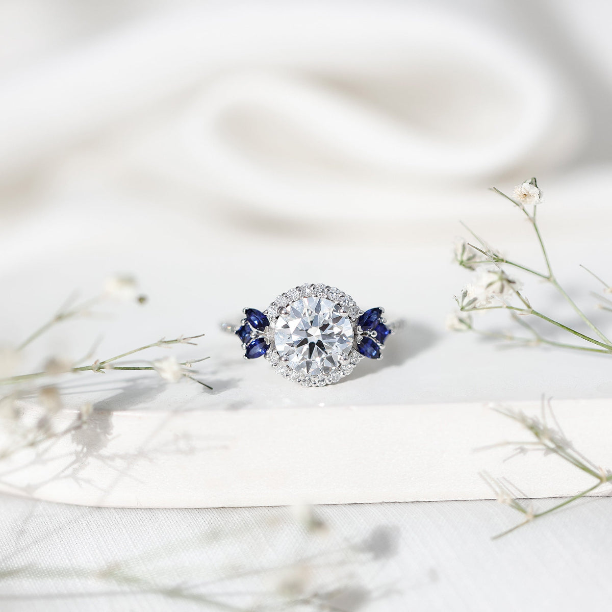 Lab Grown Diamond Ring Round Halo Blue Sapphire Engagement Ring