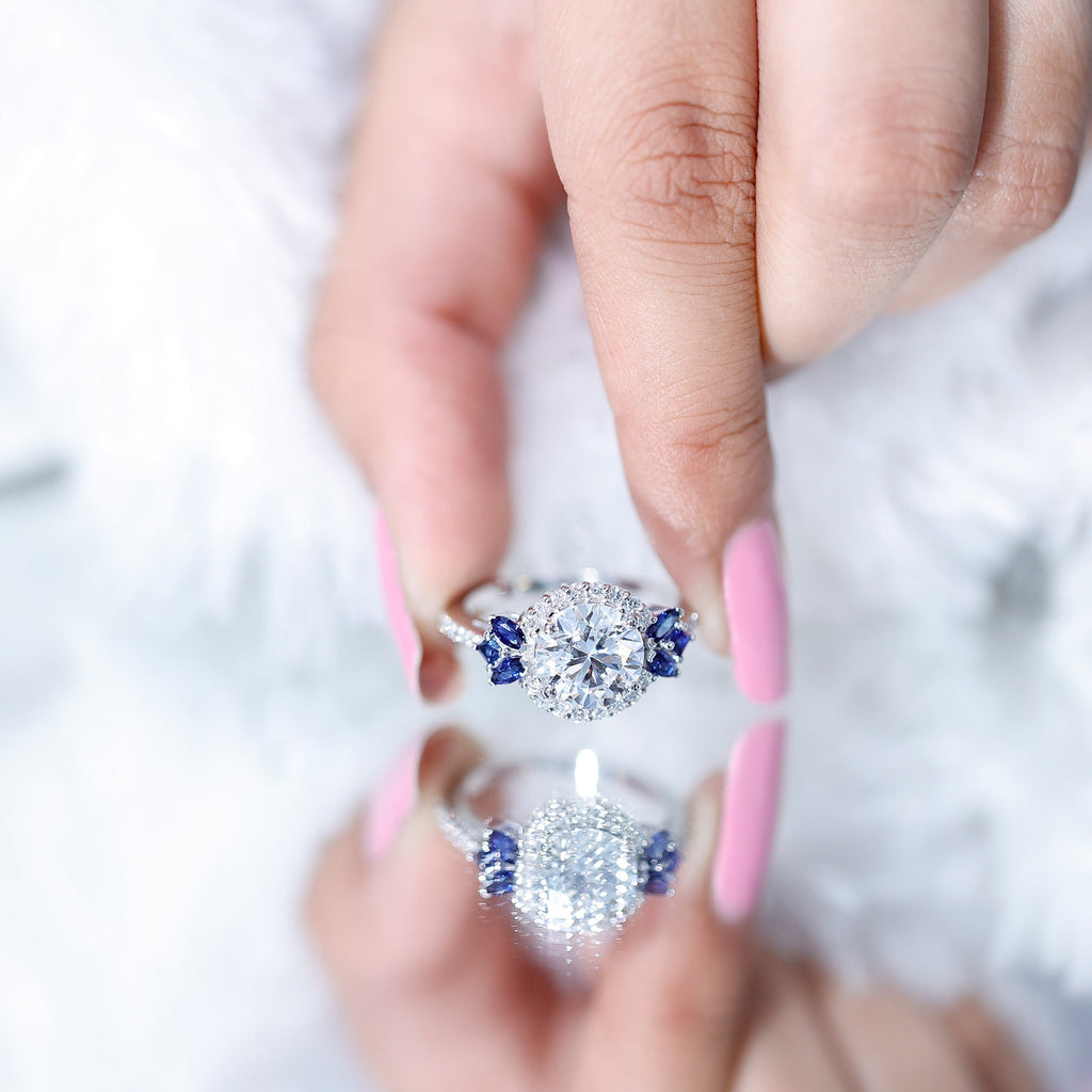 Lab Grown Diamond Ring Round Halo Blue Sapphire Engagement Ring