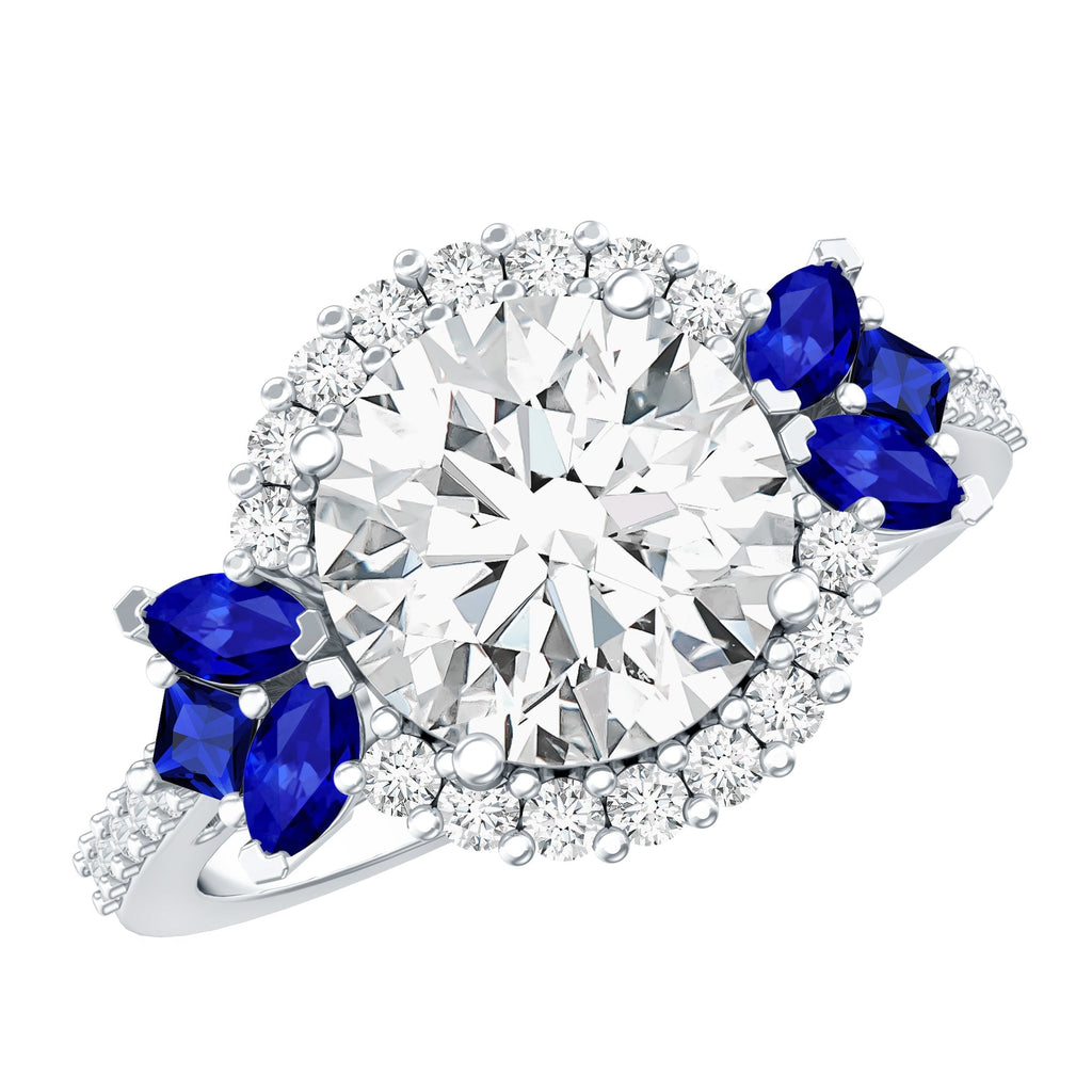 Lab Grown Diamond Ring Round Halo Blue Sapphire Engagement Ring