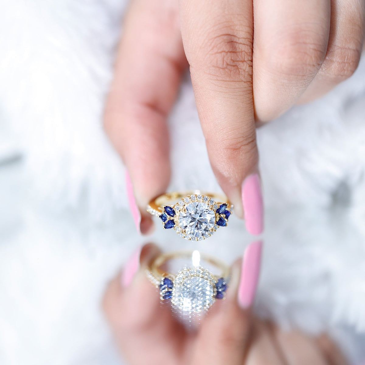Lab Grown Diamond Ring Round Halo Blue Sapphire Engagement Ring