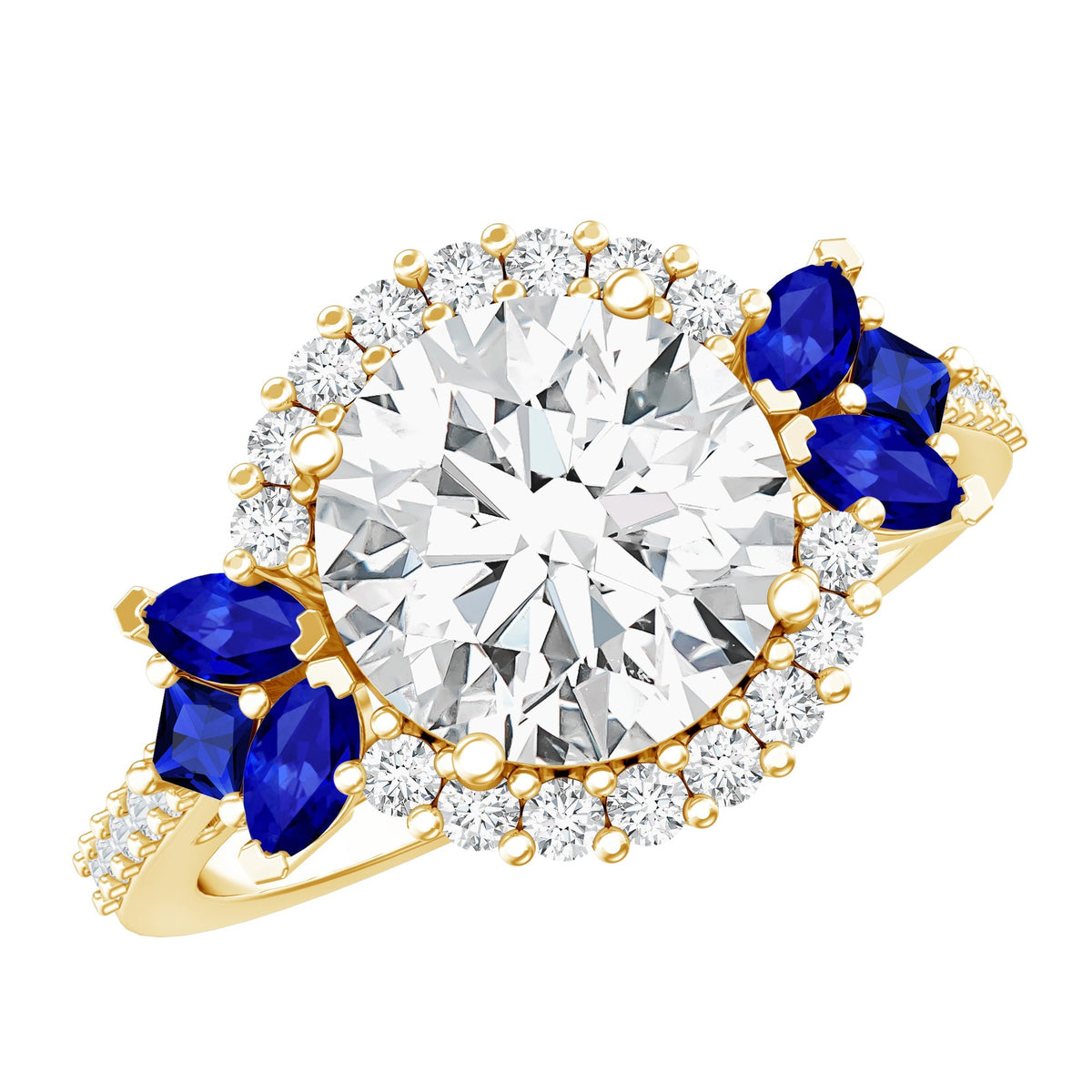 Lab Grown Diamond Ring Round Halo Blue Sapphire Engagement Ring