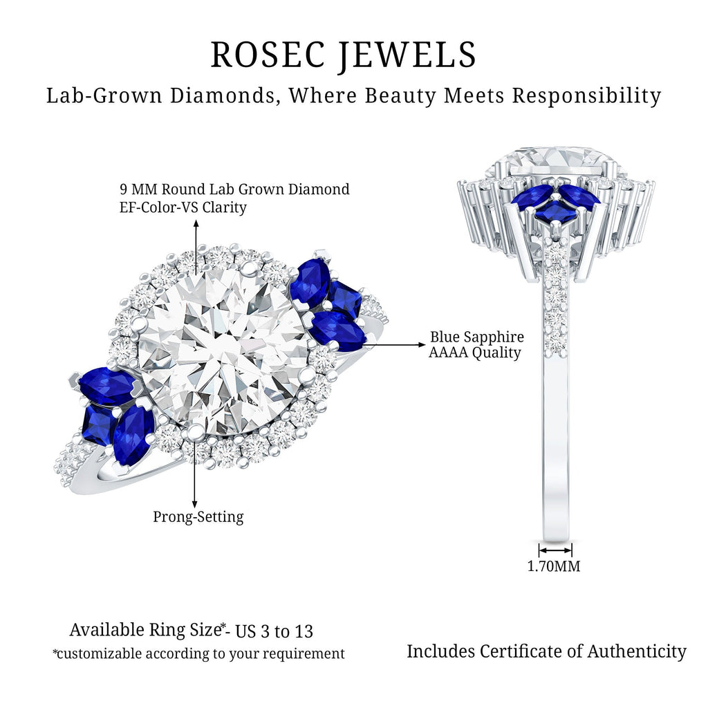 Lab Grown Diamond Ring Round Halo Blue Sapphire Engagement Ring