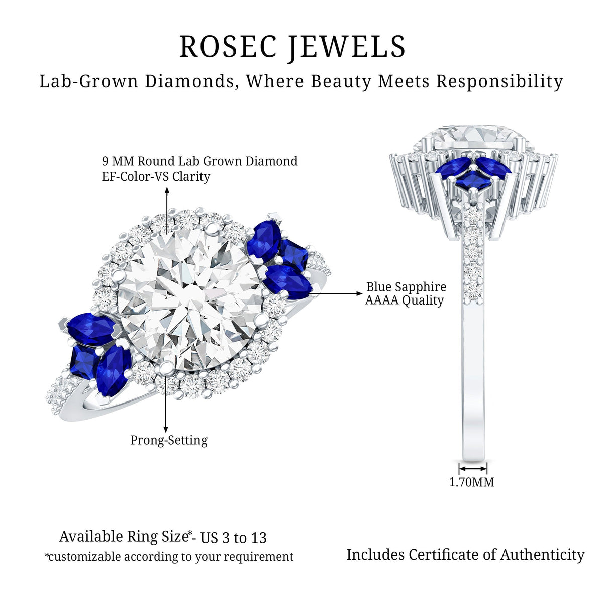 Lab Grown Diamond Ring Round Halo Blue Sapphire Engagement Ring