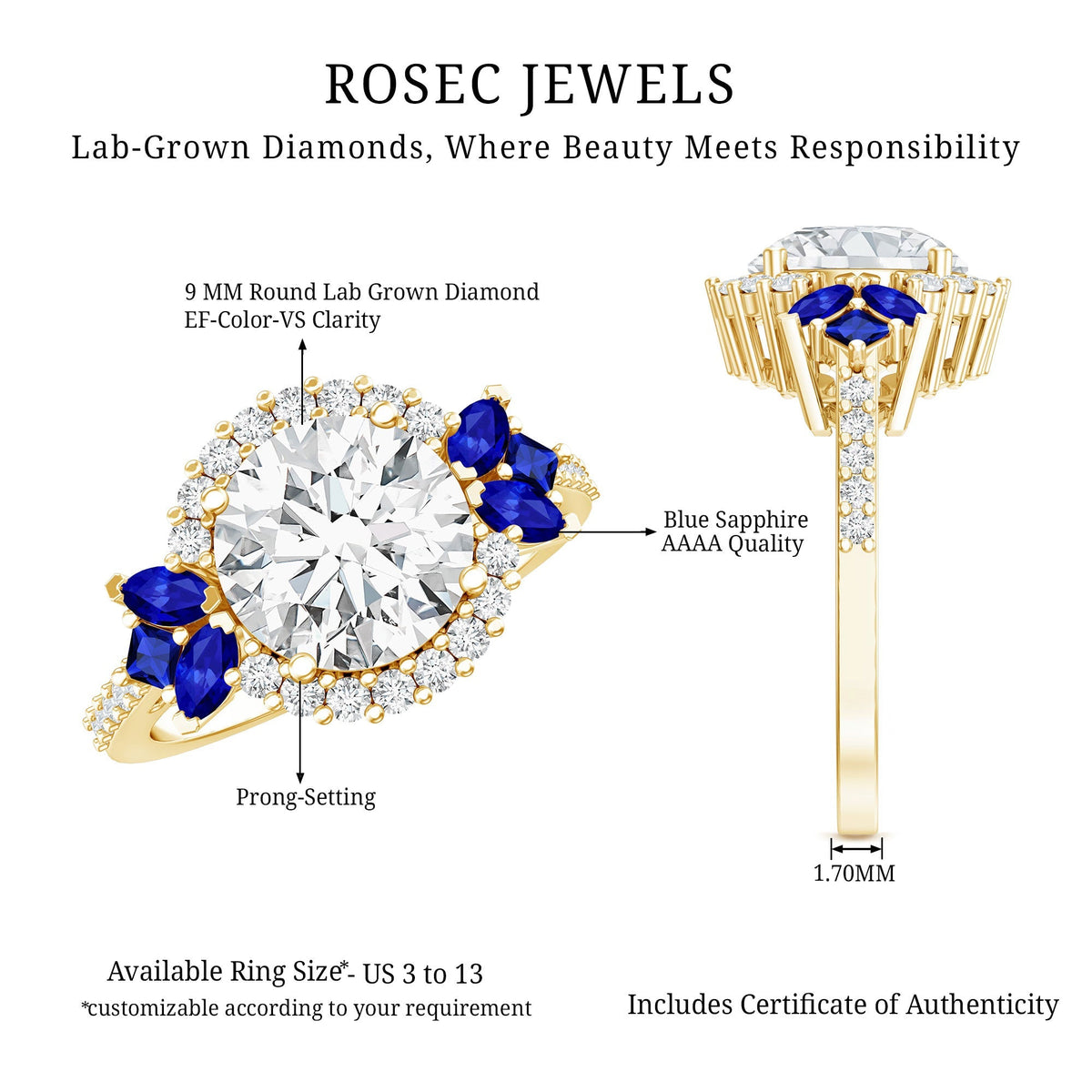 Lab Grown Diamond Ring Round Halo Blue Sapphire Engagement Ring