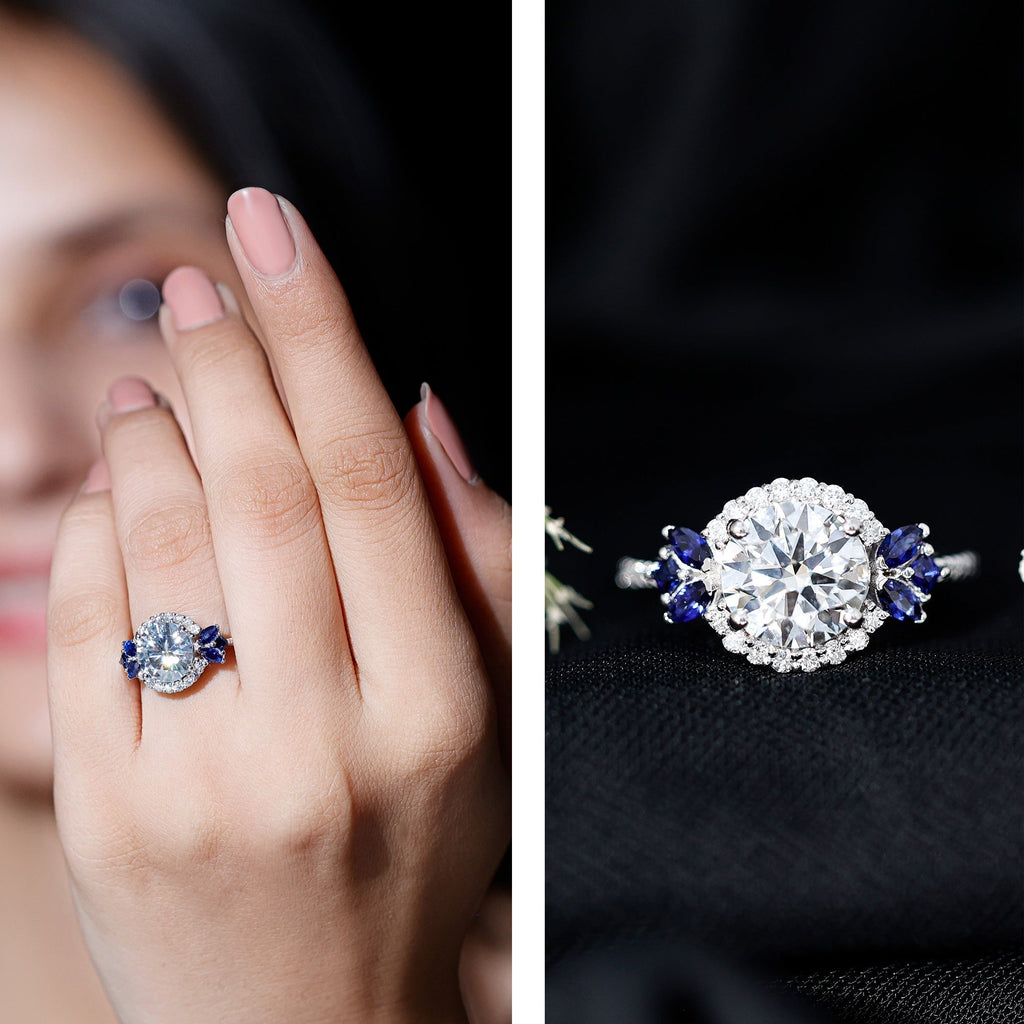 Lab Grown Diamond Ring Round Halo Blue Sapphire Engagement Ring