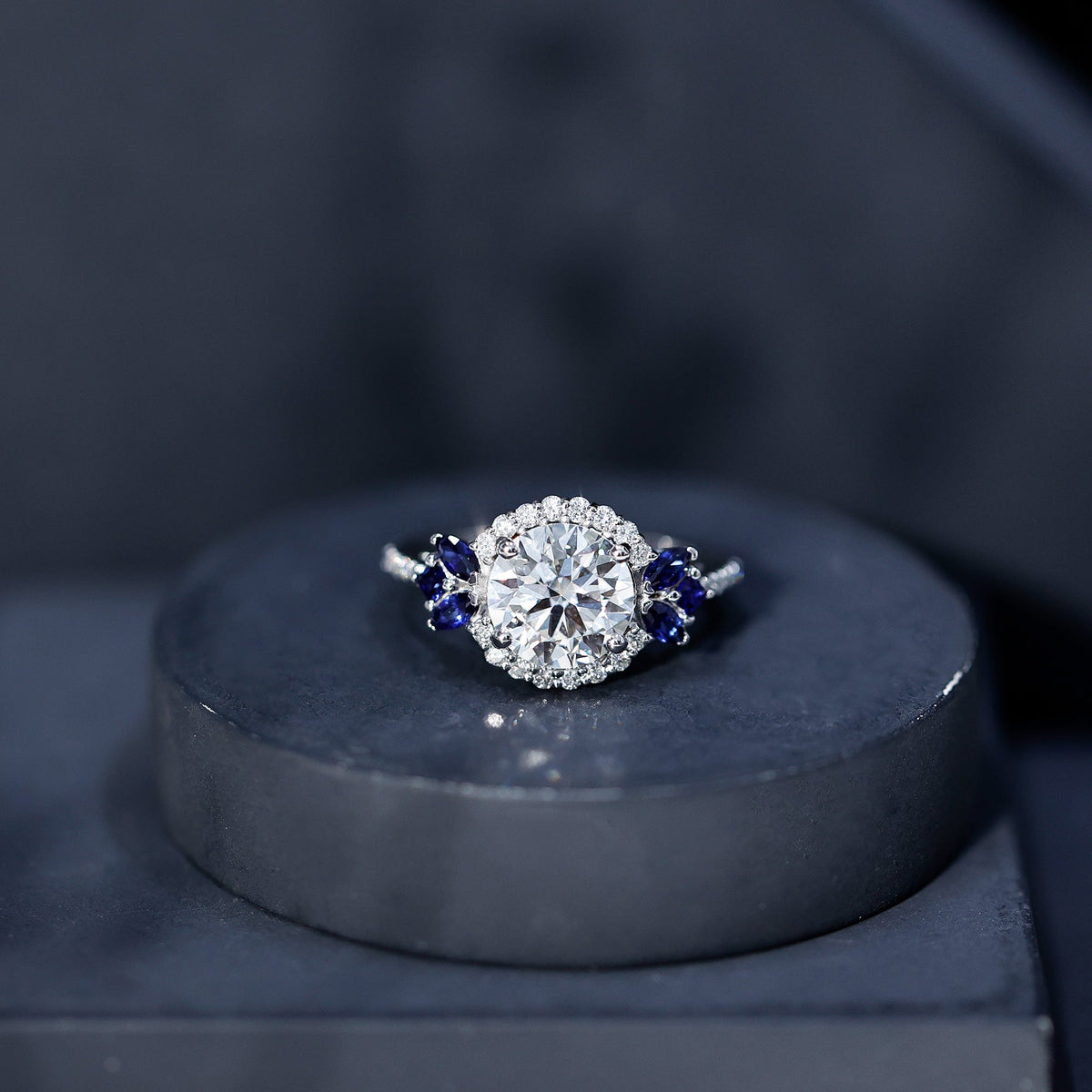 Lab Grown Diamond Ring Round Halo Blue Sapphire Engagement Ring