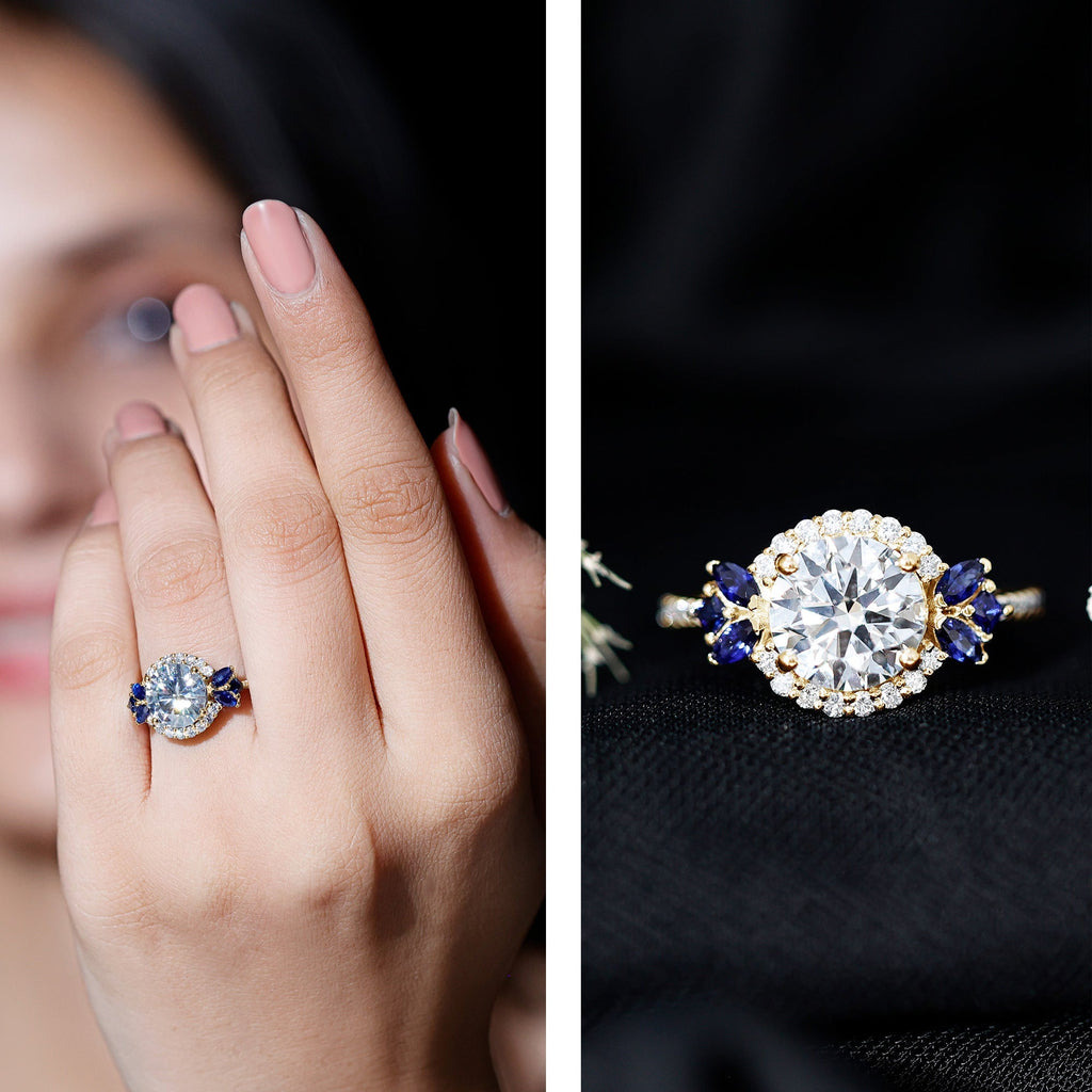 Lab Grown Diamond Ring Round Halo Blue Sapphire Engagement Ring