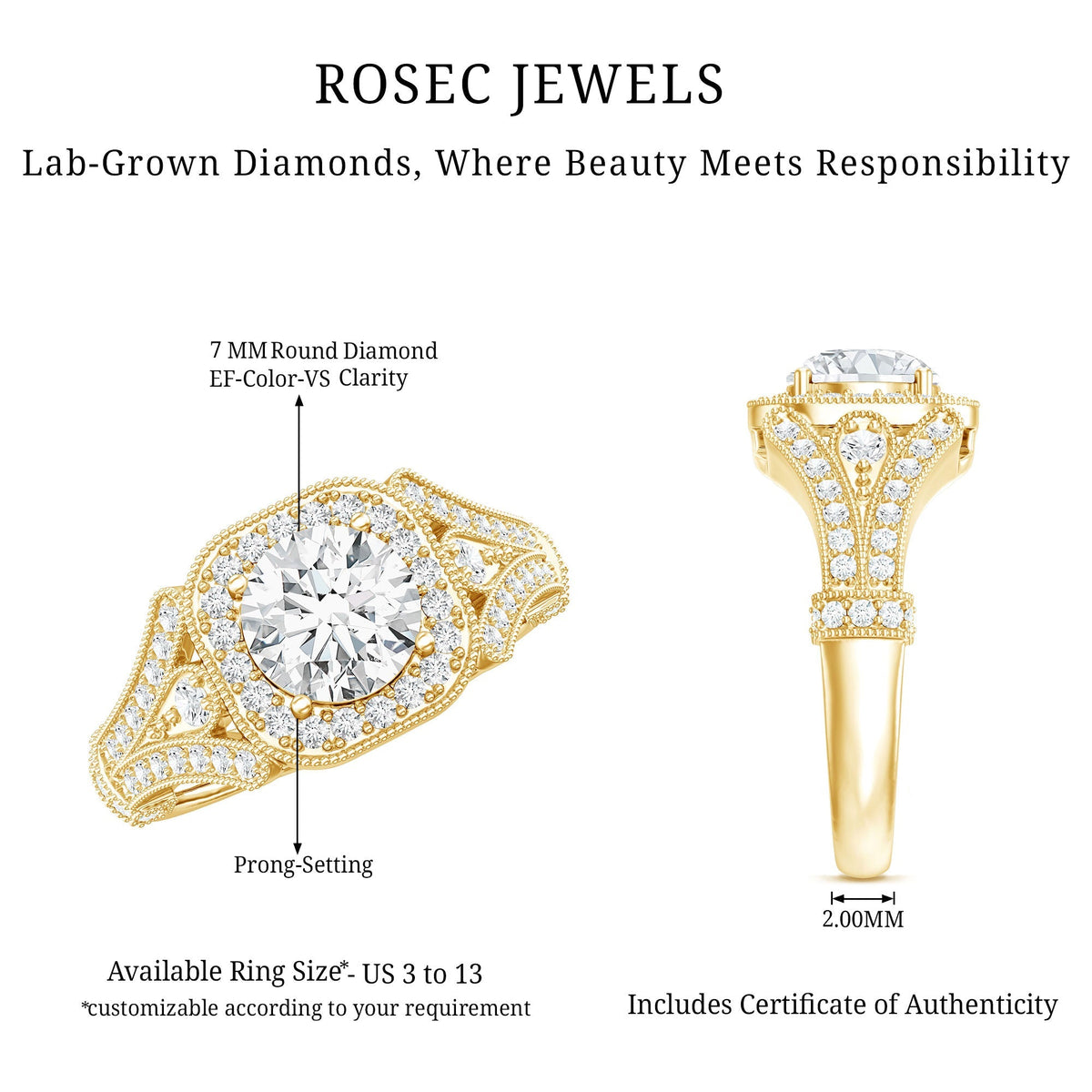 Lab Grown Diamond Ring – Vintage Engagement Band With Prong Setting Design