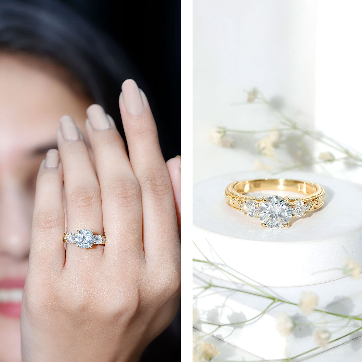 Lab Grown Diamond Ring – Vintage Engagement Ring with Round Cut Diamonds & Basket Setting