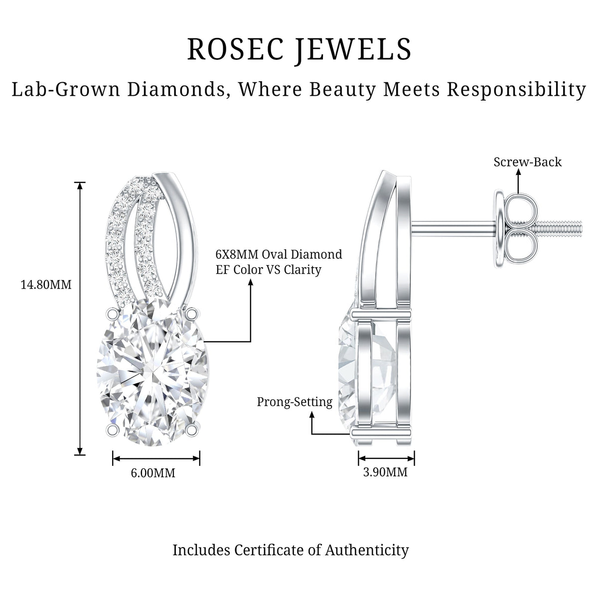 Lab Grown Diamond Studs - 2.5 Carat Oval Shape Designer Stud Earrings Women Elegant