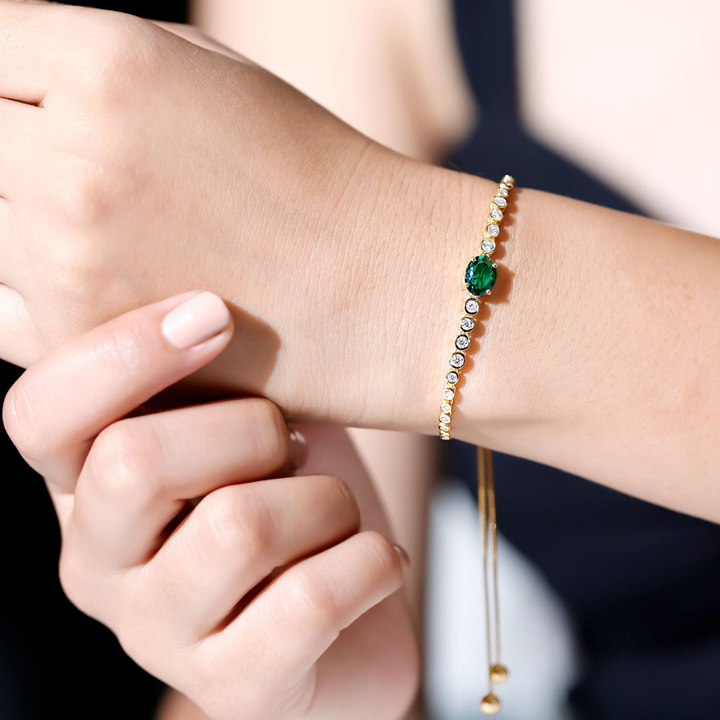 Lab Grown Emerald Bracelet – 1.2 Carat Oval Emerald Bolo Diamond Tennis