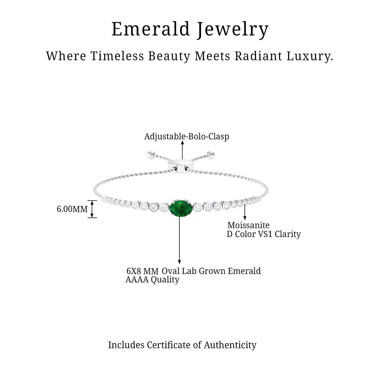 Lab Grown Emerald Bracelet – 1.2 Carat Oval Emerald Bolo Diamond Tennis