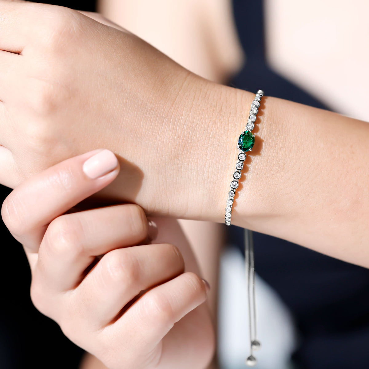 Lab Grown Emerald Bracelet – 1.2 Carat Oval Emerald Bolo Diamond Tennis