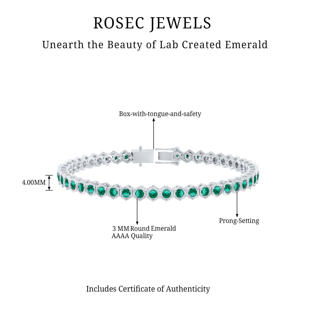 Lab Grown Emerald Bracelet – Hexagon Frame Tennis Bracelet with AAAA Quality Emeralds
